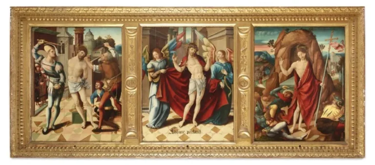 Three painted panels in a gilt frame show the Flagellation, Christ as the Man of Sorrows between angels, and the Resurrection.